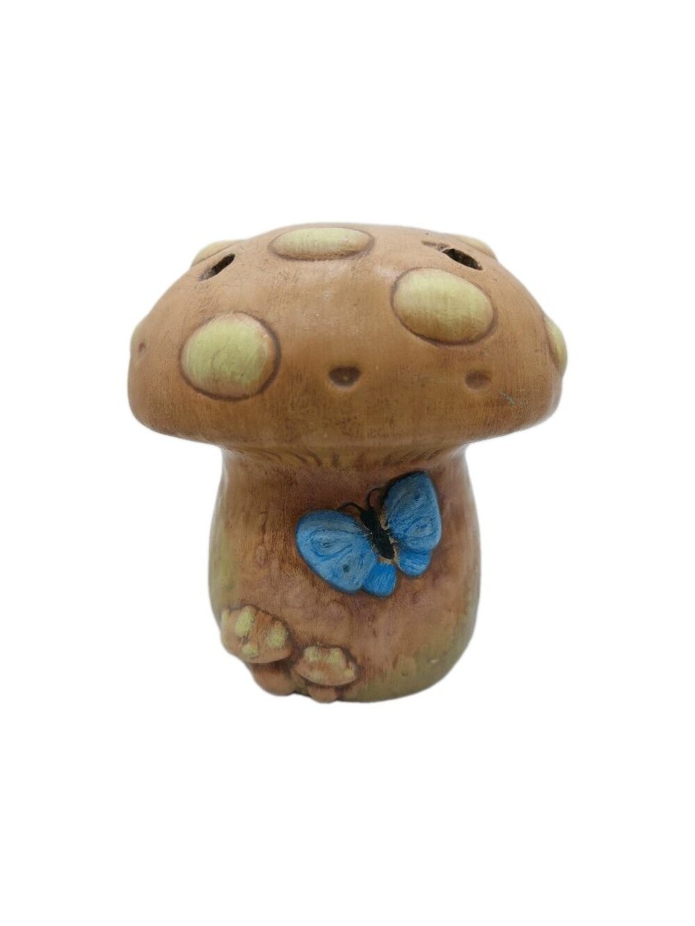 Tan Ceramic Mushroom Blue Butterfly Brown Figurine Decor 5.5" Vintage